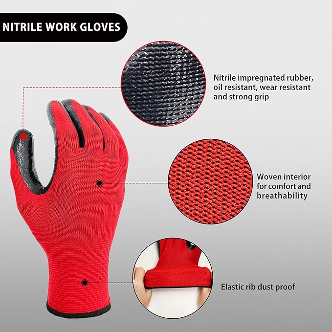 Evridwear Work Gloves with Grip Rubber Coated for Men Women Warehouse Mechanic,12 Pairs Bulk