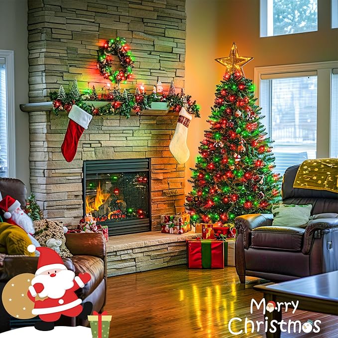 JMEXSUSS Connectable Red and Green Christmas Lights, 8 Modes 100 LED Twinkle String Lights Indoor, Clear Wire Plug-in String Lights Outdoor Waterproof