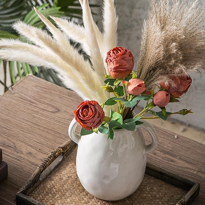 Kimdio White Ceramic Vase with 2 Handles, Modern Farmhouse Vases for Home Decor, Rustic Pottery Vase, Decorative Terracotta Flower Vase, Clay Small Vase, Centerpieces for Dining Table