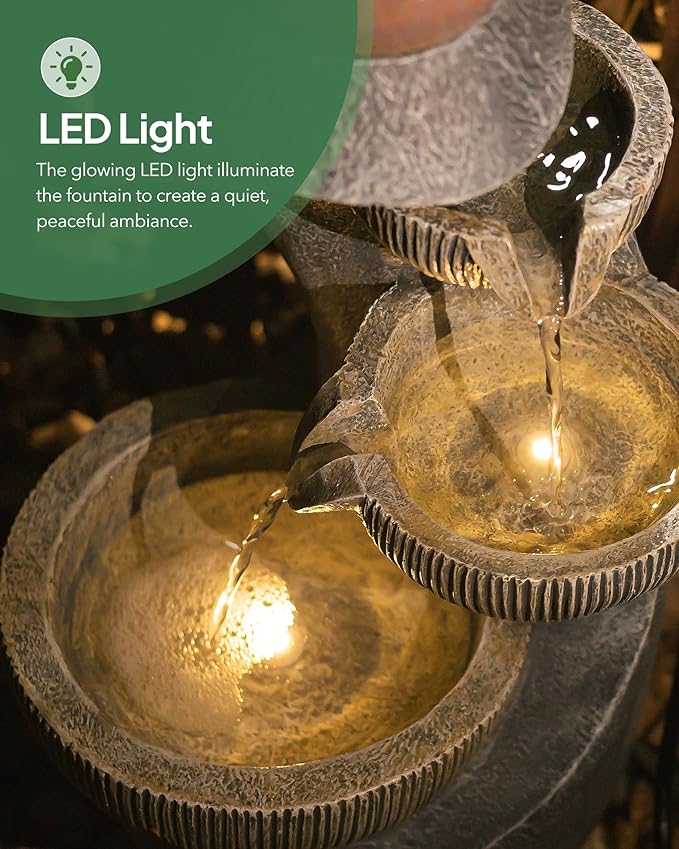 20" H Outdoor Water Fountain, Modern Outdoor Garden Fountains with LED Lighted for Garden, Patio, Deck, Backyard and Home Art Decor