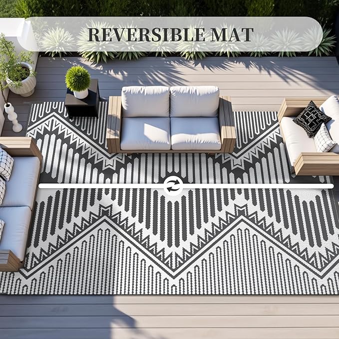MontVoo Outdoor Rug 8x10 Waterproof Patio Rug-Outdoor Carpet Mat Reversible Plastic Straw Outside Outdoor Rug for RV Camping Picnic Beach Balcony Backyard Pool Deck Porch Modern Boho Grey