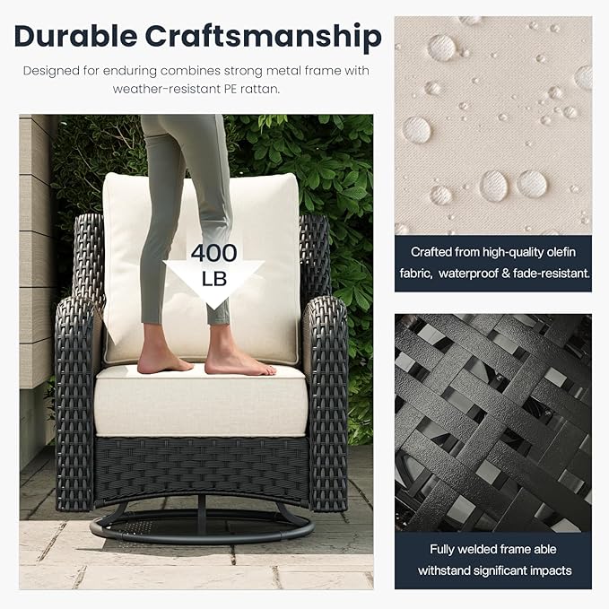 3 Pieces Outdoor Patio Furniture Sets with Rocking Swivel Chairs with 6-inch Thick Cushion and Side Table for Deck Lawn