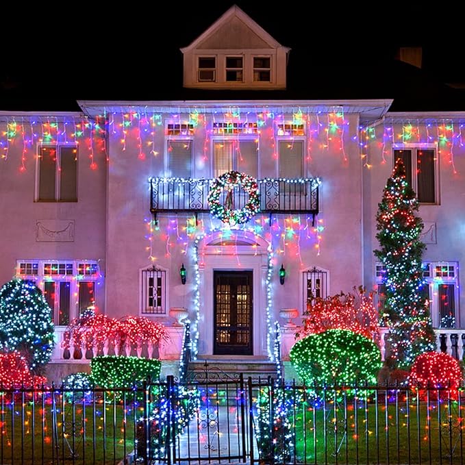JMEXSUSS Icicle Christmas Lights, 200 LED Multicolor Indoor Outdoor Waterproof, 8 Modes Decorations for Xmas Roof Party Holiday