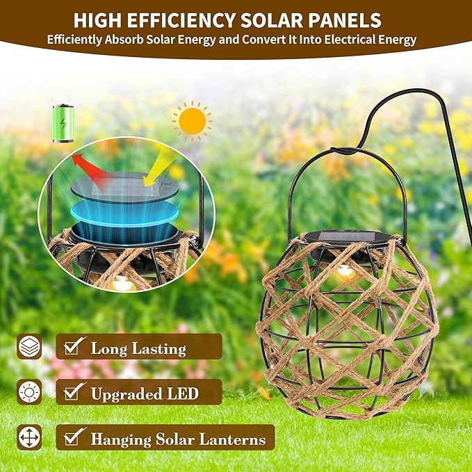 HPC Decor 2 PK Solar Lanterns-Outdoor Waterproof, Hemp Rope, Hanging Outdoor, Round Lamp Boho Decor for Garden, Yard, Patio, Porch, Pathway.