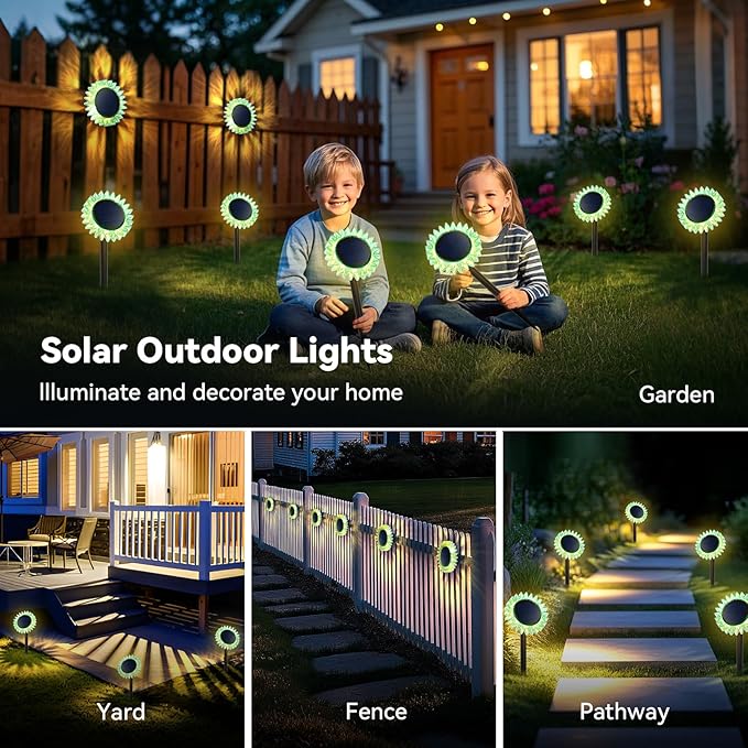 Hogni 6PK Solar Garden Lights, Ground Stake/Hang 2 in 1 Solar Sunflowers Outdoor Waterproof IP67, Outdoor Decor for Pathway Walkway Landscape Backyard Fence Decoration