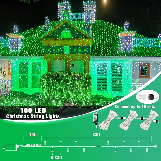 33ft 100 LED String Lights Indoor - Christmas Lights Outdoor 8 Modes Clear Wire Waterproof Plug in Twinkle Fairy Lights for Christmas St Patricks Day Decorations, Green