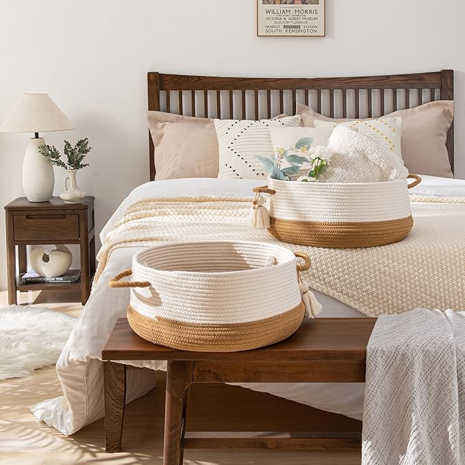 KAKAMAY Woven Baskets for Storage(16"x8"),Blanket Basket for Organizing Living Room,Cotton Rope Basket Woven Baby Laundry Hamper,Collapsible Laundry Room Organization,Clothes,Toy Chest(Brown)