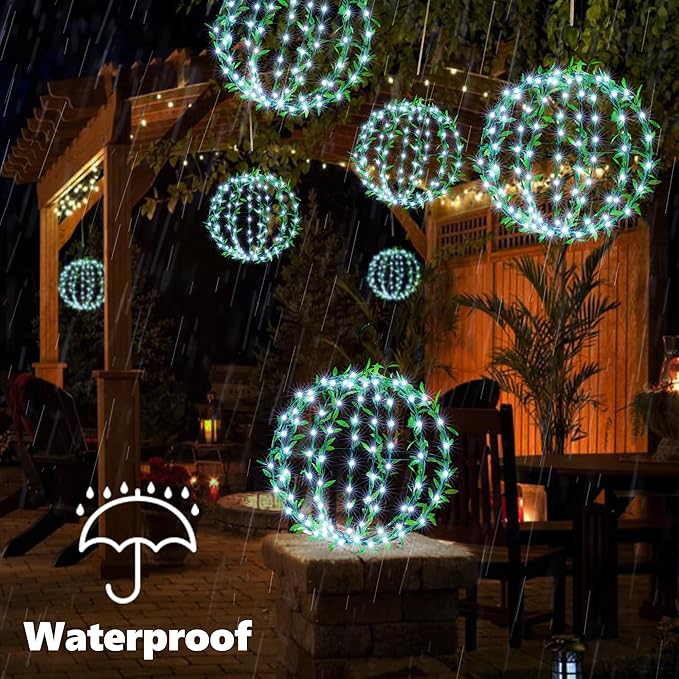 Joomer Solar Hanging Lights Outdoor, 2 Pack 12in 120 LED Solar Globe Lights, 8 Modes Waterproof Foldable Metal Sphere Light with Hook for Garden Yard Porch Decor- White (Ball with Green Leaf)