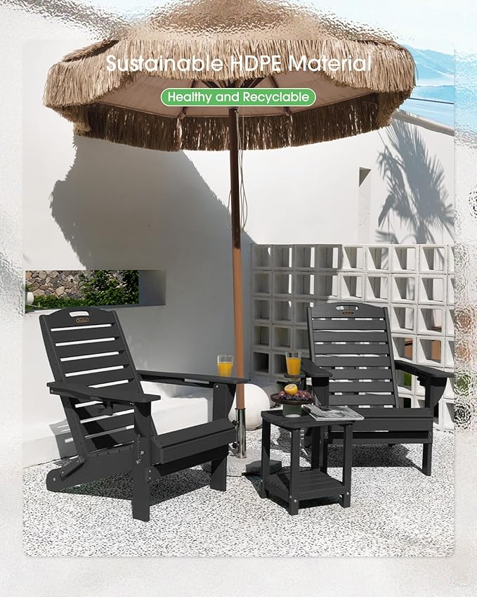 Folding Adirondack Chair HDPE All-Weather Adirondack Chairs with Cup Holder, Outdoor Fire Pit Chairs Lawn Chair for Deck Patio Garden (Black)