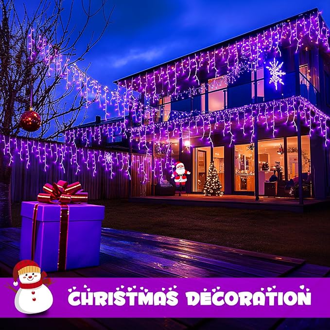 JMEXSUSS Purple Christmas Icicle Lights, 38.8 FT 400 LED Purple Icicle Lights Outdoor Waterproof, 8 Modes Purple Christmas Lights with 80 Drops Plug in for House Christmas Party Decorations