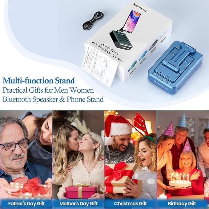 JTEMAN Phone Stand with Wireless Bluetooth Speaker, HD Surround Sound Bluetooth Speaker for Desk Perfect for Home Kitchen Gadgets Gifts,Compatible with iPhone/ipad/Samsung Galaxy(Blue)