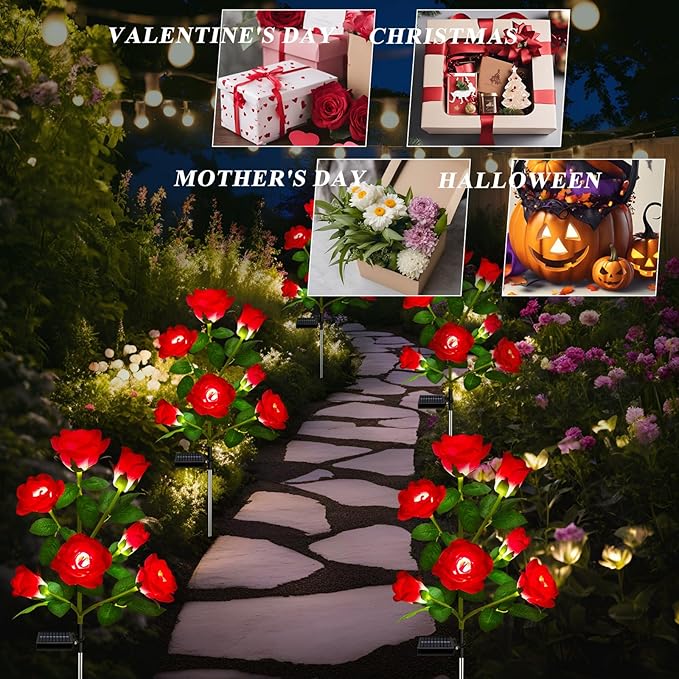 1 Pack Solar Garden Lights Outdoor, 7-Flower Rose Solar Lights for Yard, LED Solar Powered Stake Lights for Patio Pathway Lawn Fence Cemetery, Red