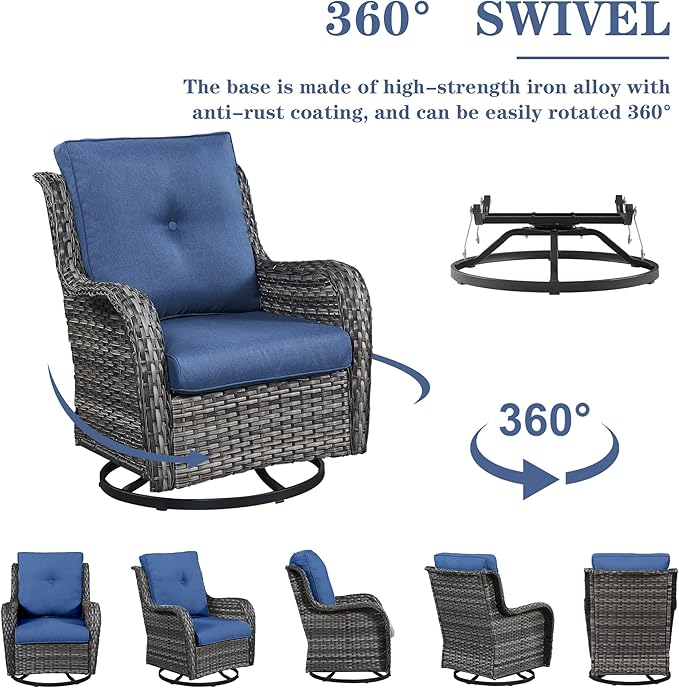 Outdoor Wicker Furniture Patio Set - 7 Piece Backyard Furniture Grey Rattan Conversation Sets with Swivel Rocker Chairs, Rattan Sofa, Club Chairs and Coffee Table, Blue Cushion