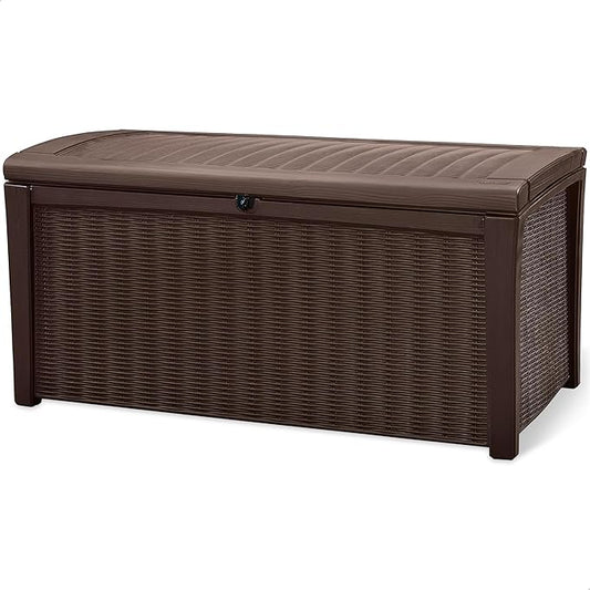 Keter Outdoor Storage Deck Box, for Patio, Backyard & Garden, Borneo, 110 Gallon, Brown - Lockable, Organizing, and Waterproof Plastic Container Bench