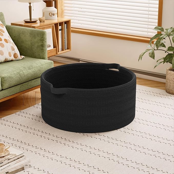 125L Extra Large Blanket Basket, 25" x 16", Jumbo Laundry Woven Baskets Decorative Home, Cotton Rope Basket with Handles, Baby Toy Baskets for Storage, Black, 2PC