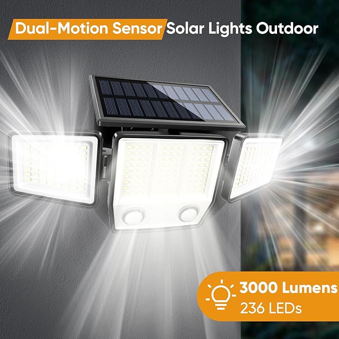 Solar Motion Sensor Outdoor Lights Waterproof - 3000LM 3 Modes Security Lights Outdoor 270° Illumination IP65 LED Solar Flood Wall Light for Garden Yard Patio Pathway (3 Pack)