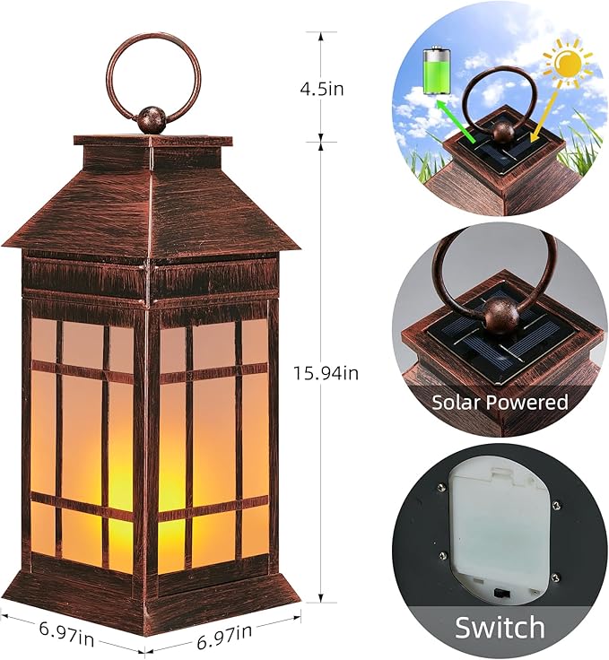 18" Glass Solar Lanterns Outdoor Waterproof, Large Solar Flickering Flame Lantern, Outdoor Lantern Decorative Metal Solar Garden Light for Patio Garden Backyard Outside Tabletop Decor(Vintage Copper)