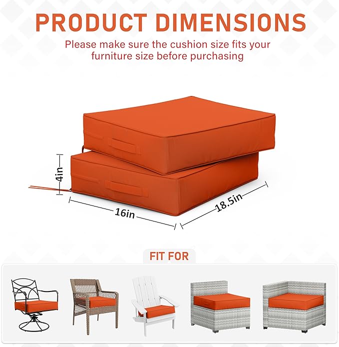 Patio Chair Cushions 18.5 X 16 X 4 Inch Waterproof Outdoor Seat Cushions for Patio Furniture, Outdoor Sofa Couch Pads with Ties & Handle, Set of 2, Orange