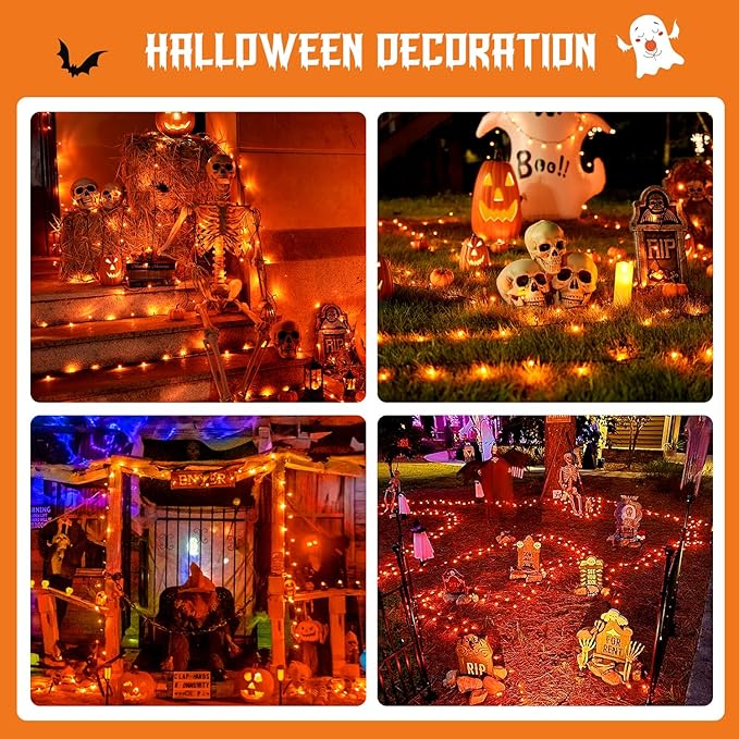 JMEXSUSS 2 Pack Orange Solar Halloween Lights, Total 400 LED 151FT Solar String Lights Outdoor Waterproof, 8 Modes Halloween Lights for Outside Tree Patio Yard Garden Halloween Decorations