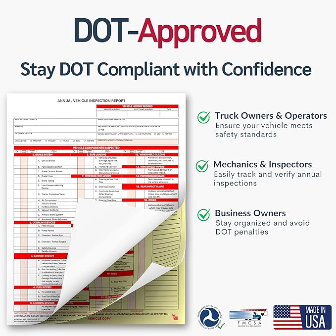 50 Pack 3-Ply Carbonless Annual Vehicle Inspection Report Forms with FMCSA Red Aluminum Labels & White Mylar Laminate Vinyl Labels, DOT Inspection Forms and Stickers, Shrink-Wrapped, 8.5" x 11.75"