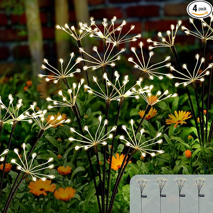 Solar Garden Light 4 Pack Twinkling Solar Firework Lights with 2 Modes 240LED, Solar-Powered Outdoor Waterproof for Outside Yard Pathway Garden Decor, Gardening Gifts for Women Mothers Day, Warm