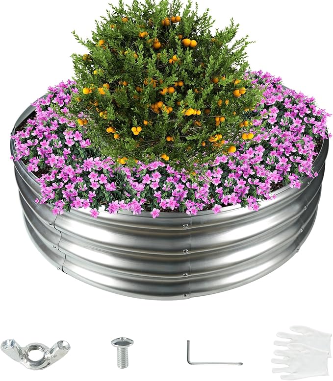 36 Inch Diameter Silver Galvanized Garden Raised Bed/Plant Box/Fire Ring-0.8mm Thick,12 Inch Tall,Crimped Edge and Corner,No Sharpe,Perfect for Plantings (3FT Diameter, Round)