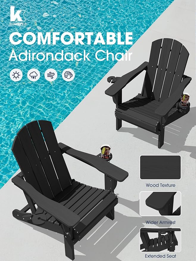 KINGYES Folding Adirondack Chair Set of 2, Dual Cup Holders & All-Weather HDPE, Wood-Like Patio Chair for Backyard, Camping, Pool & Fire Pit, Black