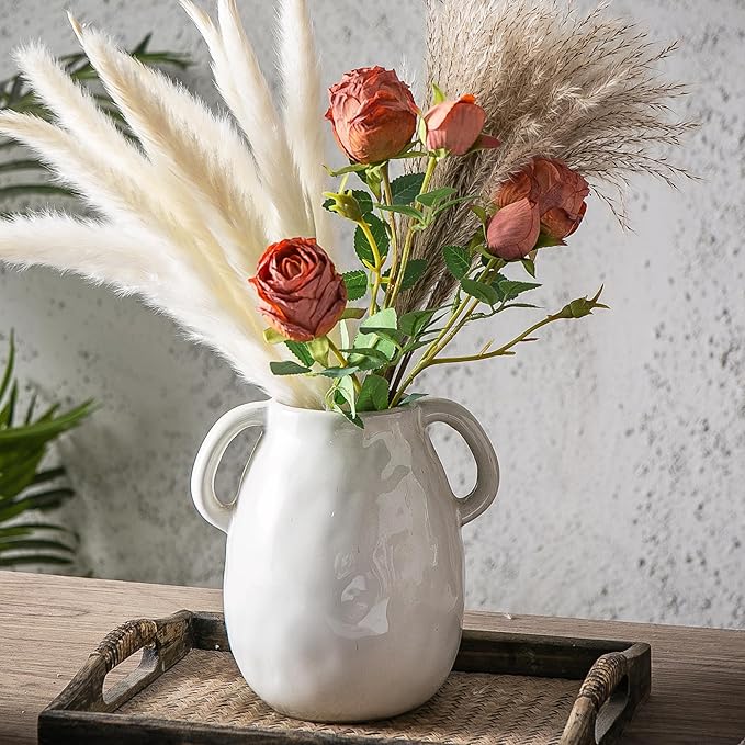 Kimdio White Ceramic Vase with 2 Handles, Modern Farmhouse Vases for Home Decor, Rustic Pottery Vase, Decorative Terracotta Flower Vase, Clay Small Vase, Centerpieces for Dining Table