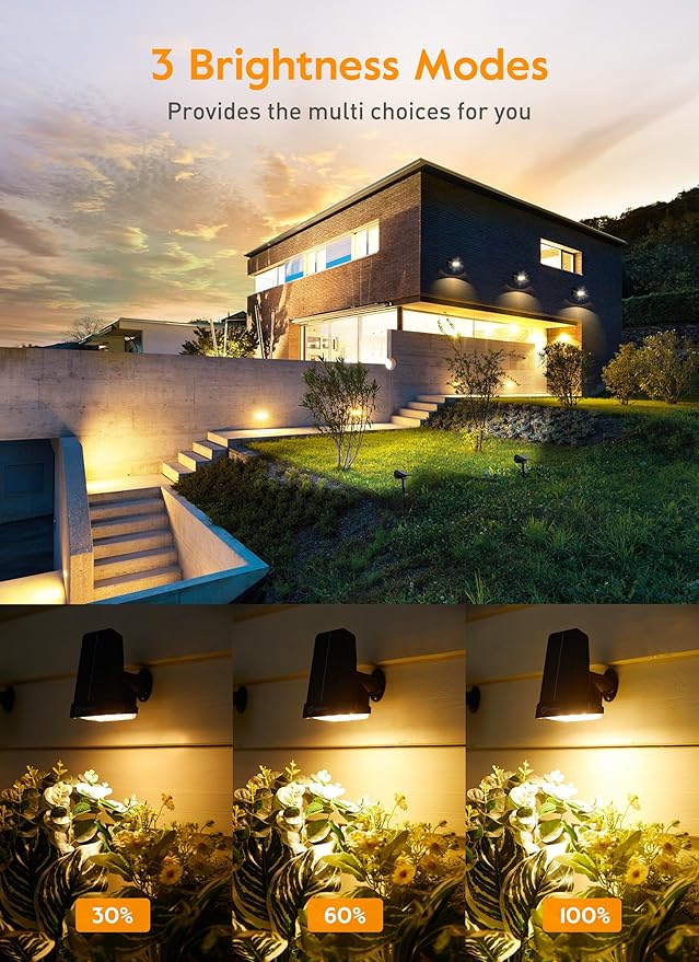 Brightown Solar Lights Outdoor Waterproof IP67, [Cool & Warm Light 2-in-1] Solar Spot Lights Outdoor, 2 Colors 3 Brightness Levels LED Outdoor Solar Lights for Yard Pathway Garden House, 4 Pack