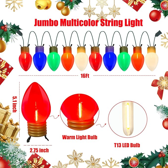 Jumbo Multicolor Christmas String Lights Outdoor, 16FT Large Christmas Hanging Lights with 10 5'' LED C9 Large Multicolor Bulbs, Hanging Christmas Decorations Outdoor Lights for Home Roof Yard Garden