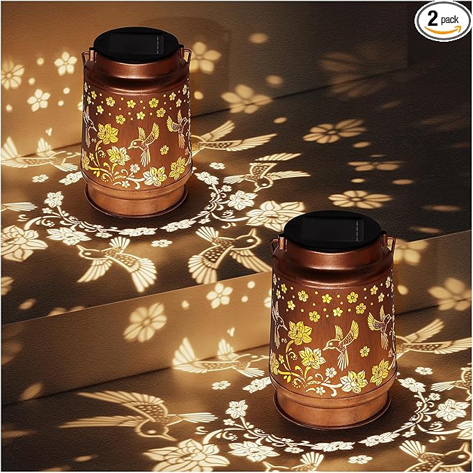 2 Pack Solar Lanterns Outdoor Waterproof Hummingbird Garden Decor Birthday Gifts for Women Mom Grandma Hanging Solar Lights Metal Solar Decoration Outside for Yard, Patio, Backyard, Porch