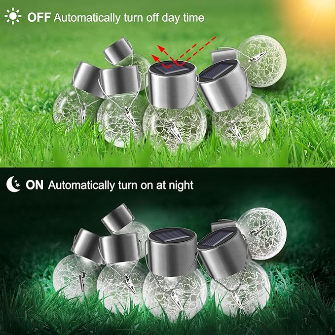 PARTPHONER 12 Pack Hanging Solar Lights Outdoor, Waterproof Solar Globe Lantern with Handle and Clip, Decorative Cracked Glass Ball Lights for Christmas Decor, Tree, Yard, Garden, Patio (Cold White)