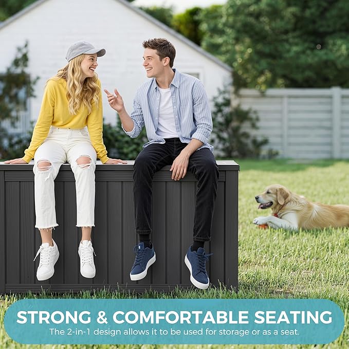 KAMABOKO Outdoor Storage Box, 150 Gallon Large Outdoor Resin Deck Box, Storage Waterproof Boxes Lockable Lid for Garden Tools, Pool Supplies, Patio Furniture and Cushions, Black