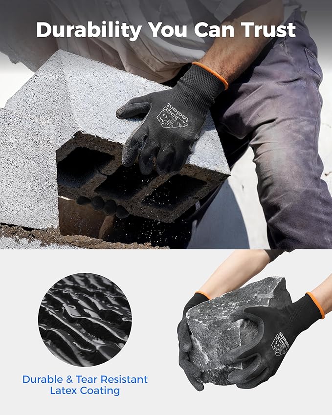 toolant Crinkle Latex Work Gloves Bulk, Rubber Coated Safety Work Gloves for Men and Women, 12 Pairs for Construction, Gardening, Warehouse (Black, Small)