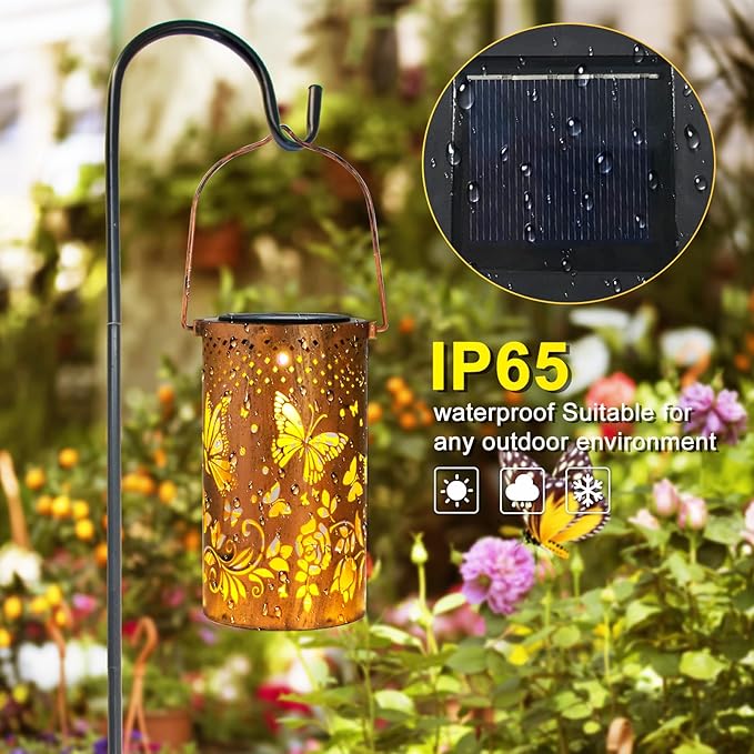 2 Pack Butterfly Solar Lanterns Outdoor Hanging Lantern Lights, Butterfly Hollowed-Out Metal Decor Lantern, Waterproof LED Decorative Garden Light - Delicate Garden Decoration