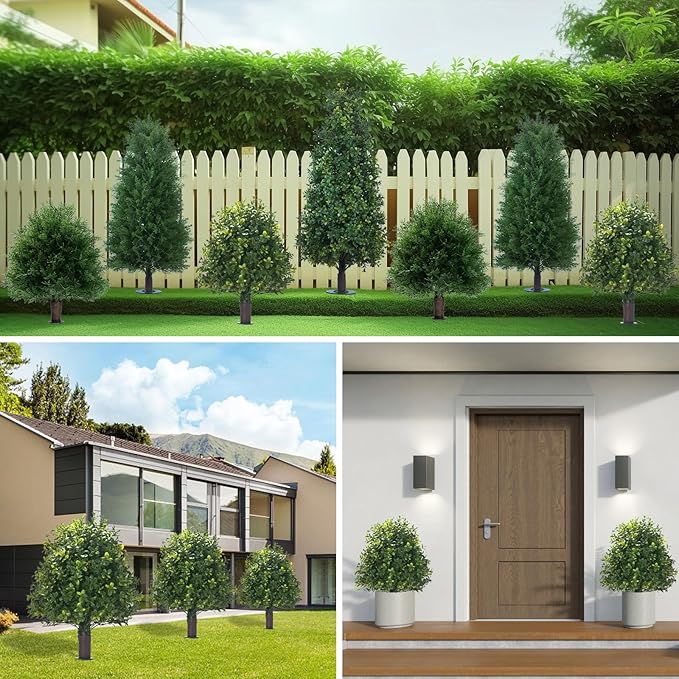 20" Artificial Boxwood Topiary Balls Trees with Ground Spike, 2 Pack UV Resistant Artificial Shrubs, Fake Evergreen Artificial Plant Brush for Indoor Outdoor Front Porch Garden