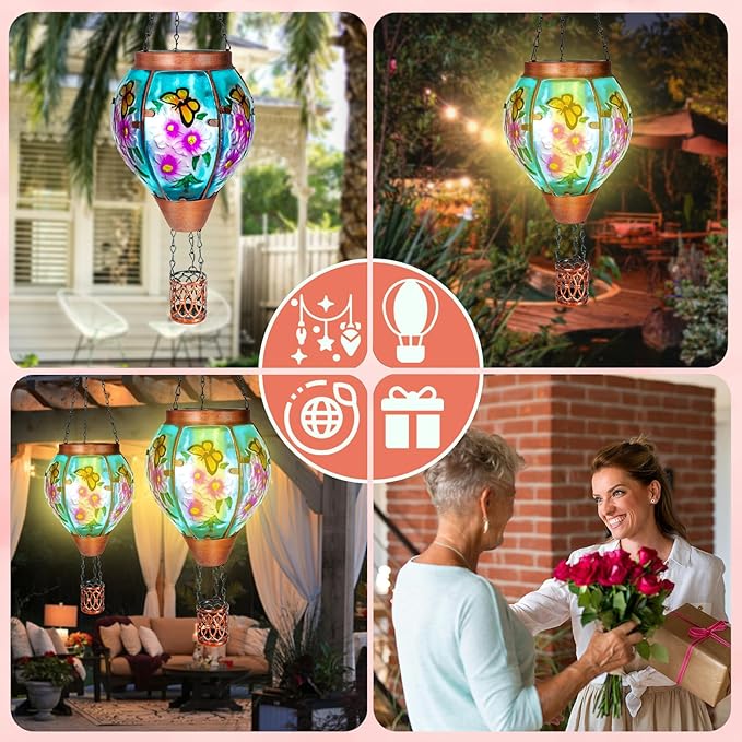 2 Pack Solar Hot Air Balloon Lantern with Flame， Butterfly Glass Outdoor Solar Lanterns for Outside Hanging Farmhouse Patio Pathway Decor, Butterfly Gifts for Women Grandma Mom - Butterfly