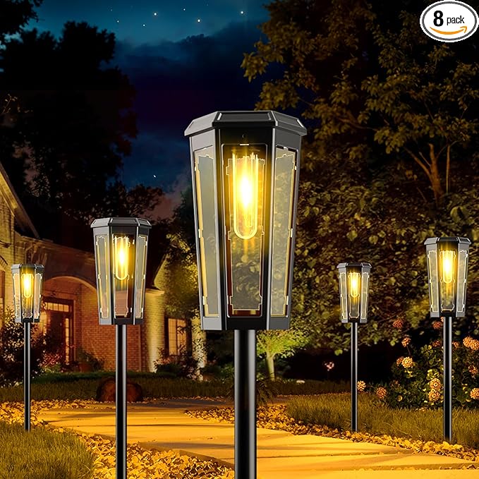 KINKAI Solar Walkway Lights Outdoor - 8 Pack Classic Pathway Light Waterproof Driveway Lamps Landscape Lighting with Filament Bulb for Outside Garden Lawn Patio Sidewalk Yard (Warm Light)