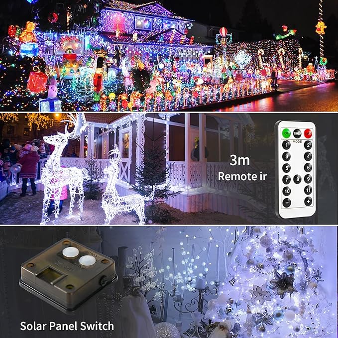 JMEXSUSS 2 Pack Solar Christmas Lights Outdoor Waterproof, 100 LED 33ft White and Multicolor Color Changing Solar Fairy Lights, Copper Wire Solar String Lights for Outside Yard Christmas Decorations