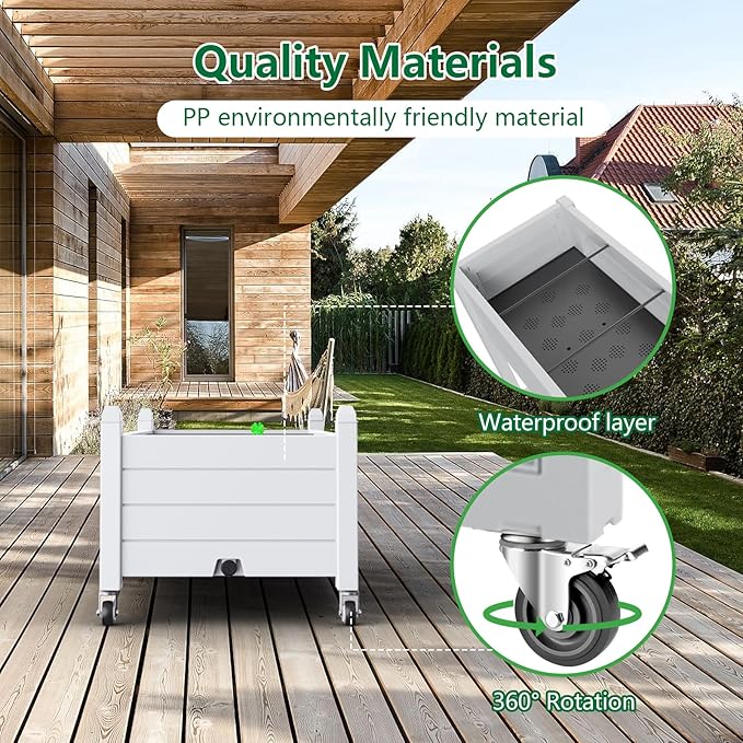 Horticulture Garden Bed, Divisible Resin Planter Box for Backyard, Patio, Balcony, with 4 Legs and 4 Swivel Lockable Wheels(Ashen,43.31 * 17.72 * 17.56)