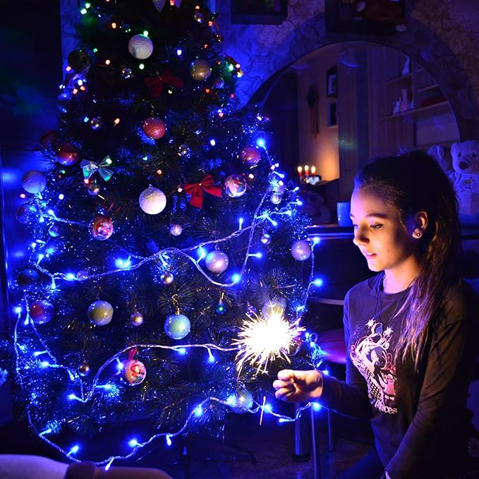 33ft 100 LED Christmas Lights Outdoor - 8 Modes Christmas String Lights Clear Wire with Time Memory, Waterproof Plug in Fairy String Lights for Indoor Outdoor Home Party Garden Decoration, Blue