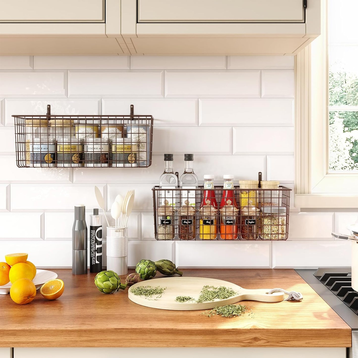 2 Sets Extra Large Hanging Wall Basket, Brown Metal Wire Baskets with Steel Hooks for Organizing, WallmountedFruit Vegetable Toy Snack Storage, Home Kitchen Bathroom Laundry Pantry Organizer