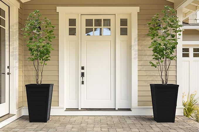 Keter Set of 2 Resin Modern Outdoor 22 Inch Tall Large Flower Pots, Tapered Wood Look Planters for Outdoor Plants and Front Porch Decor, Graphite