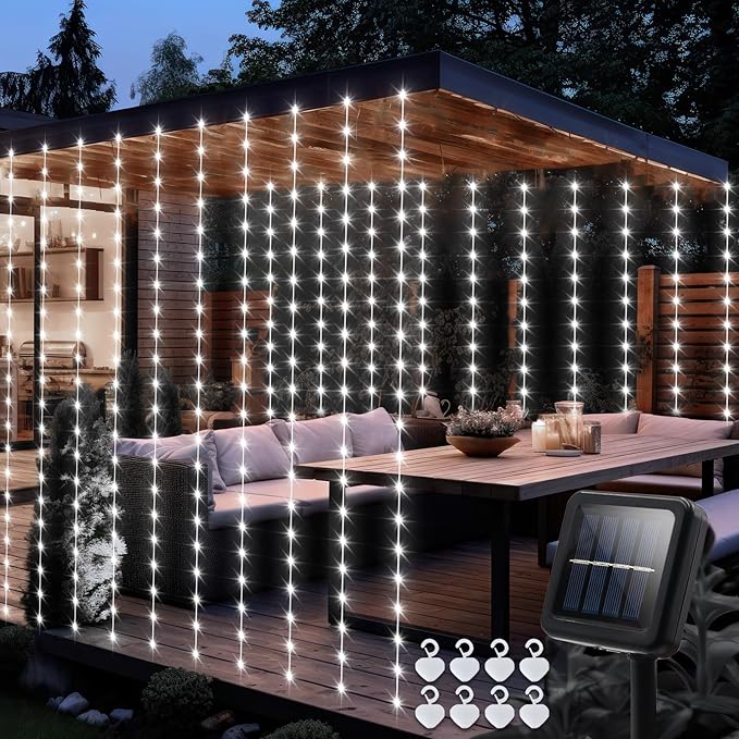 echosari Christmas Curtain Lights Solar Powered 7.9ft x 6ft 144 LED Outdoor Curtain Lights Waterproof with Timer 8 Modes for Christmas Garden Patio Fence Wedding Wall Window Gazebo Decor Cool White