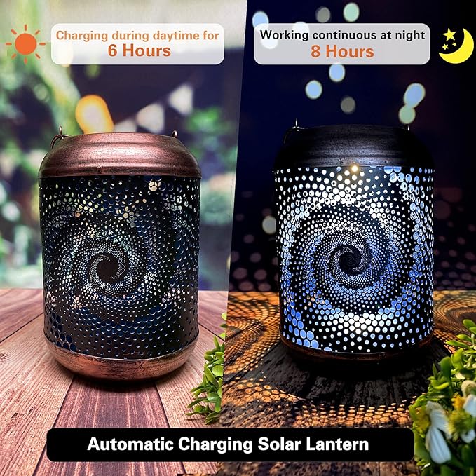 2 Pack Solar Lanterns Outdoor Hanging Lantern Metal Waterproof LED Lantern with Solar Powered Garden Patio Decorations Decor Lantern with Handle Christmas Gift Idea