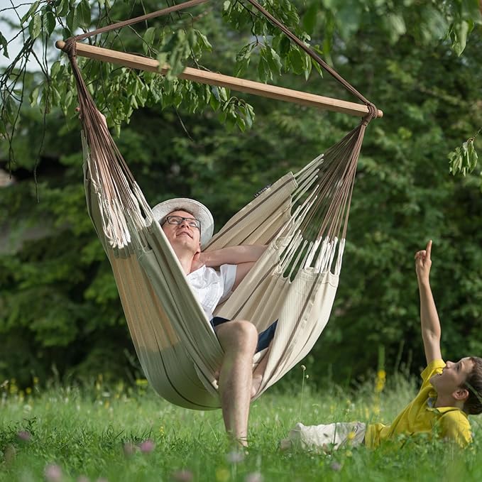 LA SIESTA - XL King Habana Cotton Hammock & Romano Steel Stand - Indoor Outdoor Hanging Hammock Swing for Bedroom Porch Balcony - Boho Hanging Chair - Nougat