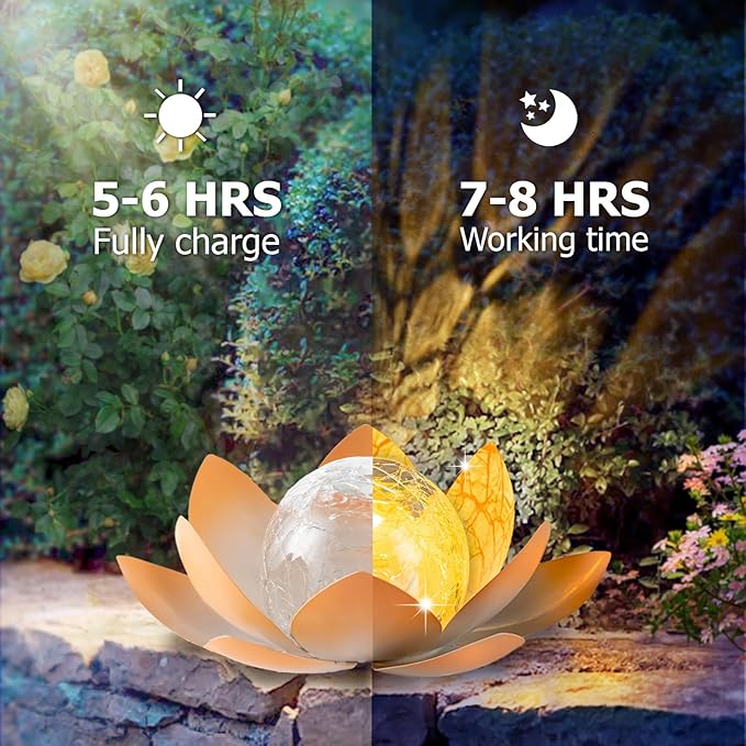 Huaxu Solar Lights Outdoor Garden Decoration Crackle Globe Glass Waterproof LED Metal Peach Lotus Flowers Gift for Mom,Women,Patio,Lawn,Walkway,Tabletop,Ground