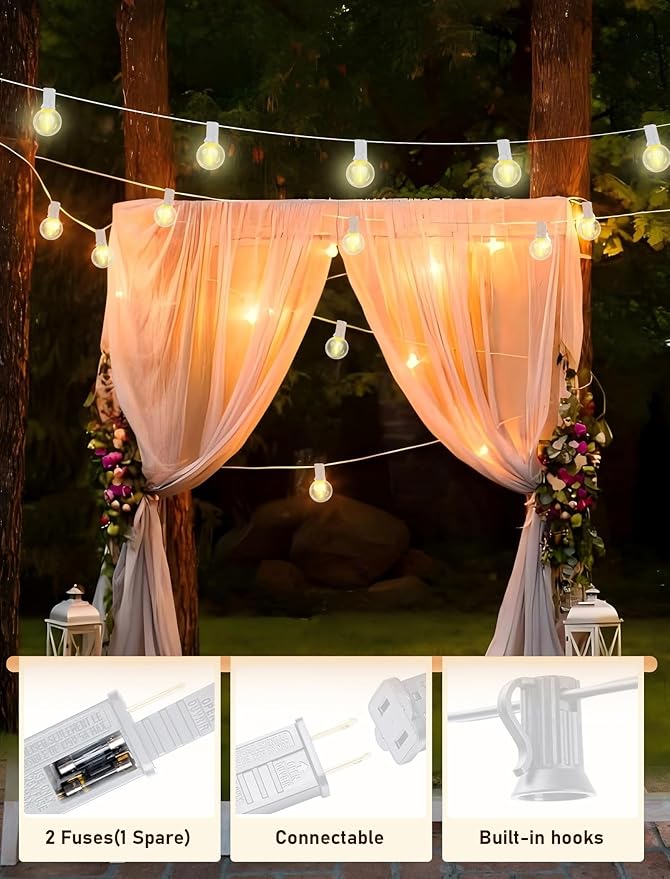 25Ft LED String Lights Outdoor, G40 Globe Patio Lights with 27 Shatterproof LED Bulbs, Waterproof Dimmable Hanging Light for Patio Wedding Bistro Party Yard Decor, E12 Socket Base, White Wire