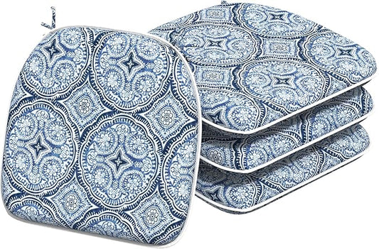 Indoor/Outdoor Chair Cushions 16x17 Inch, Patio Chair Cushions with Ties, All Weather Seat Cushions for Patio Furniture Home Garden Chair Use, Set of 4,Medallion Blue
