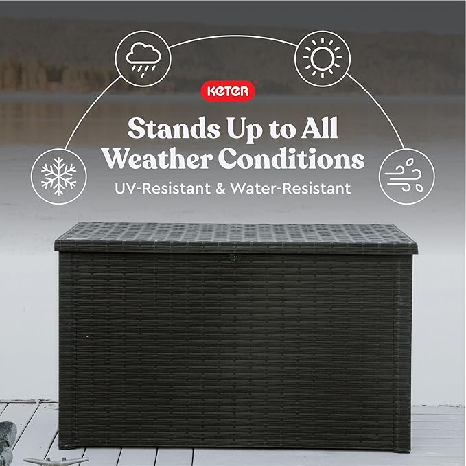 Keter Java XXL 230 Gallon Resin Rattan Look Large Outdoor Storage Deck Box for Patio Furniture Cushions, Pool Toys, and Garden Tools, Dark Grey